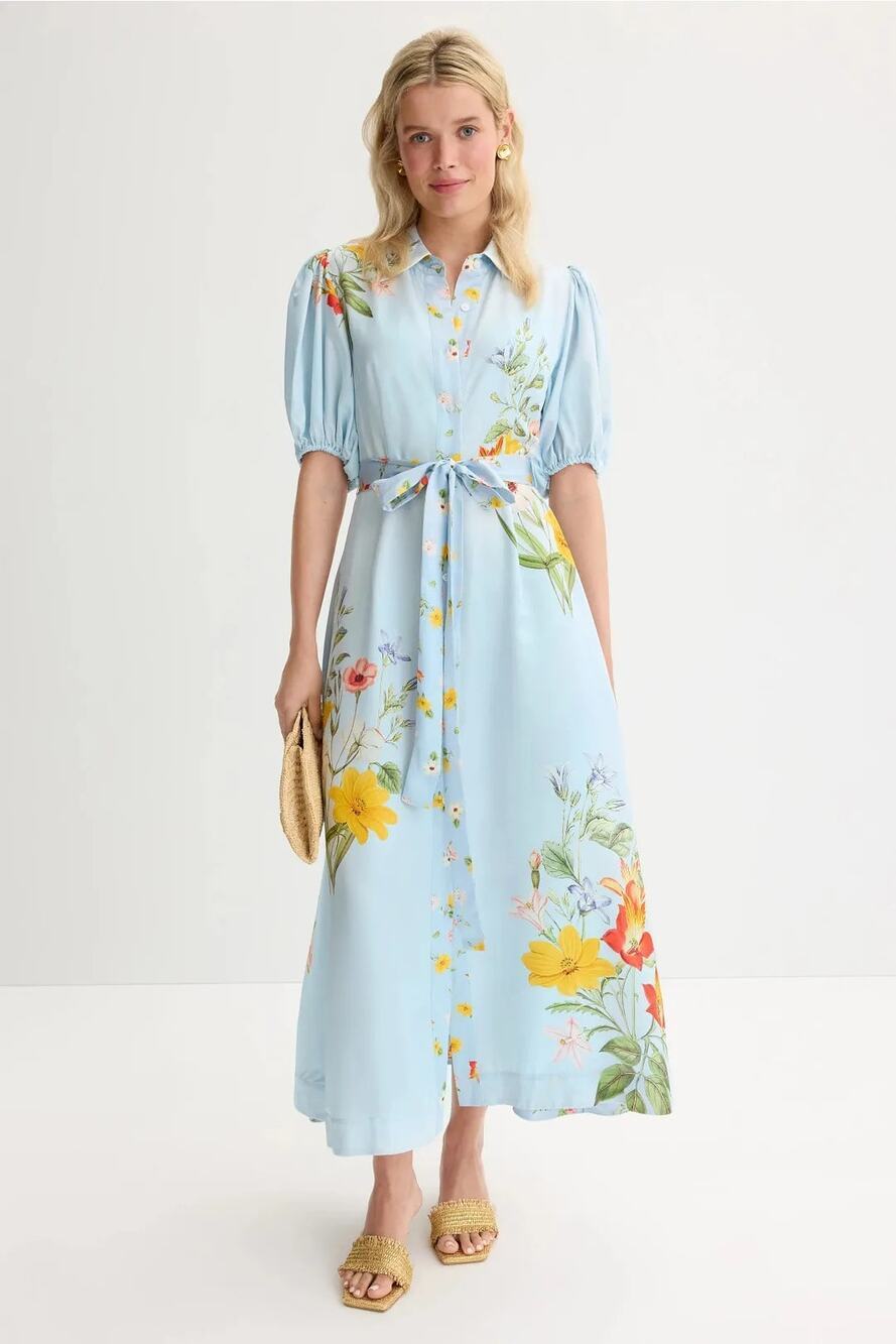 Aston Studio Marley Shirt Dress Floral Silk Blend Puff Sleeve Midi A-Line Blue 8